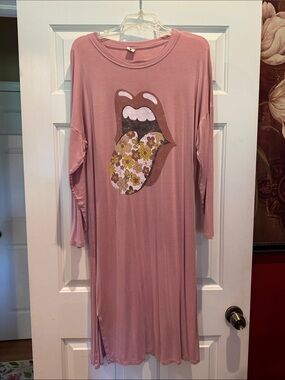 Pink Floral Tongue Graphic Long Sleeve Dress